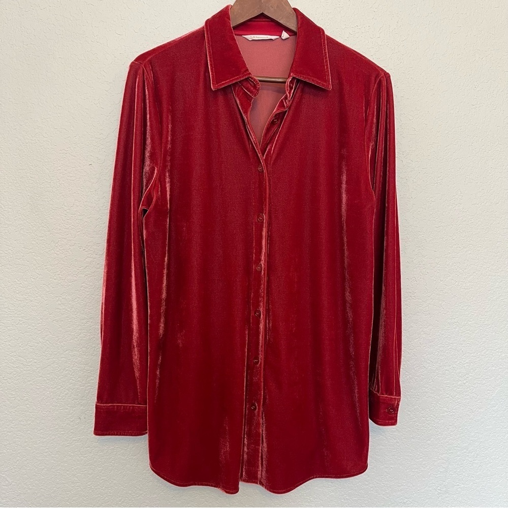 Soft Surroundings Red Velvet Tunic Boyfriend Button Down Shirt Women's Medium